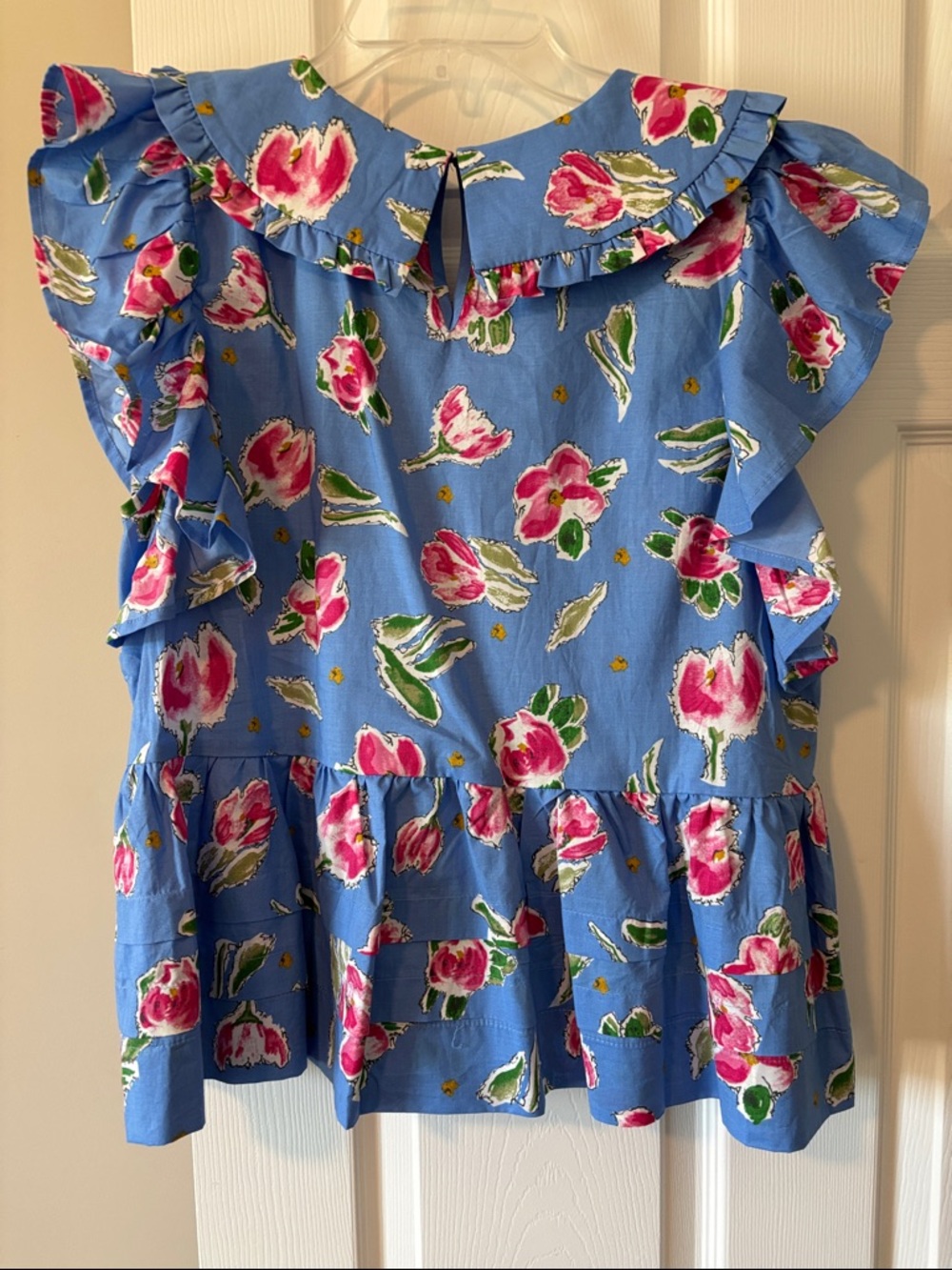 entro Blue Floral Ruffle Top with Pink and Green Accents - Picture 5 of 5